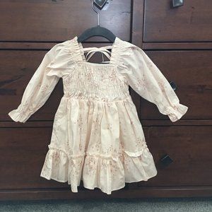 Arabella and Rose cream with tan flowers long sleeve dress with smocked bodice